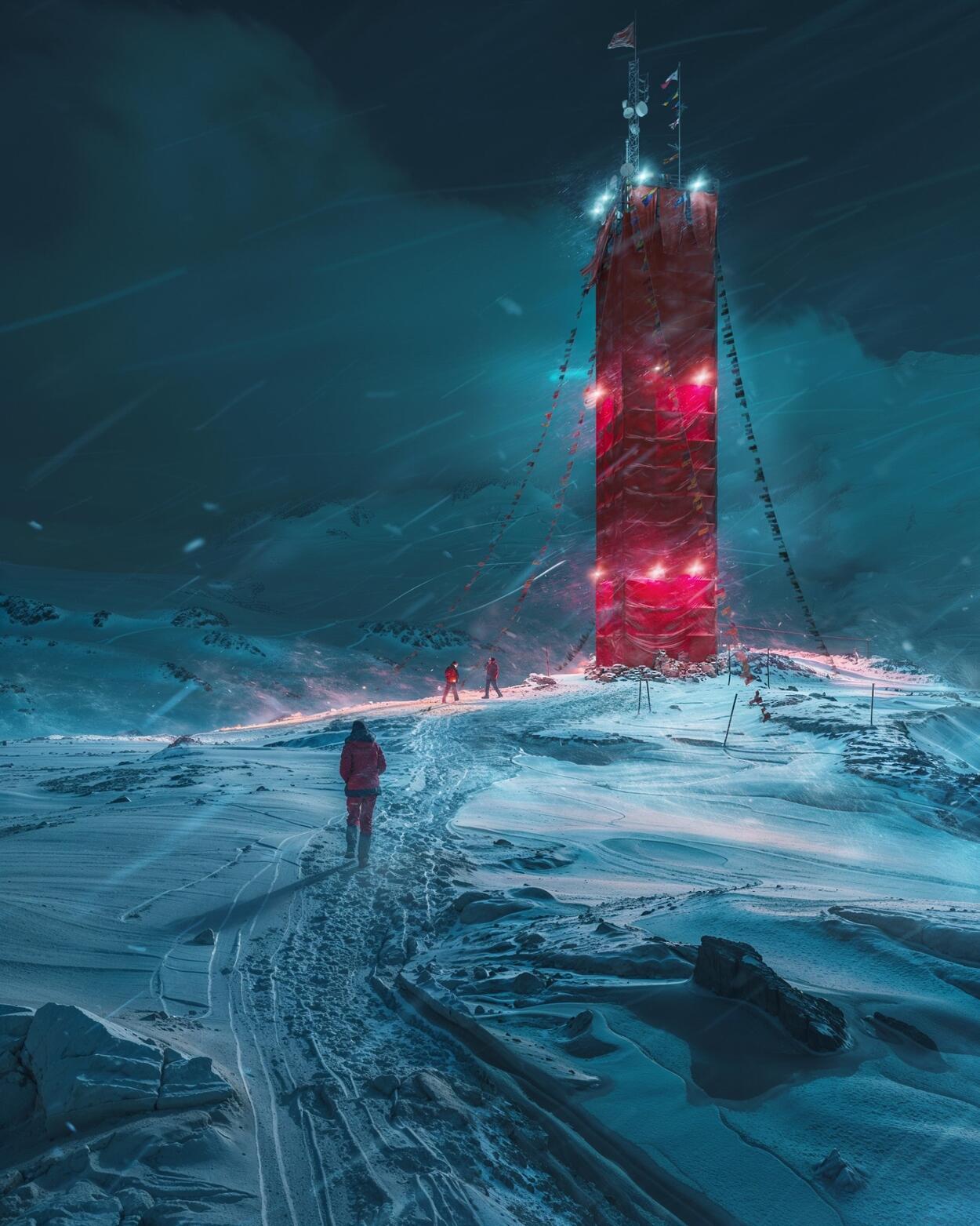 The Red Tower at Night – architectural 3D visualization project featured on CGAward