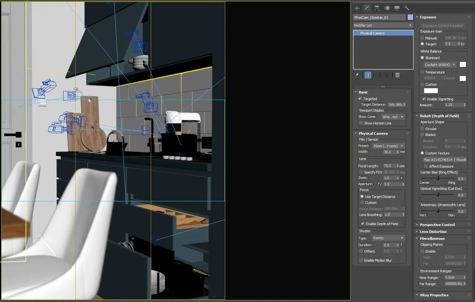 I used PhyscalCameras with a 75mm focal length in Vray